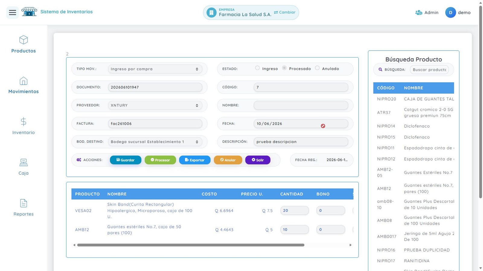 Registro y edición de movimientos