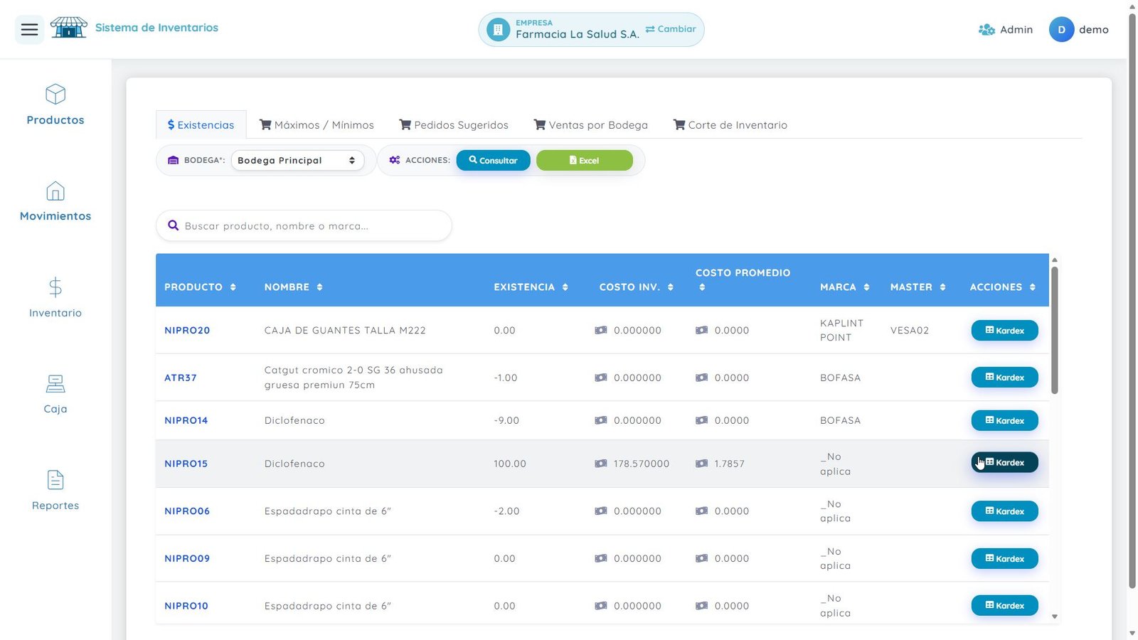 Consulta de existencias e inventario